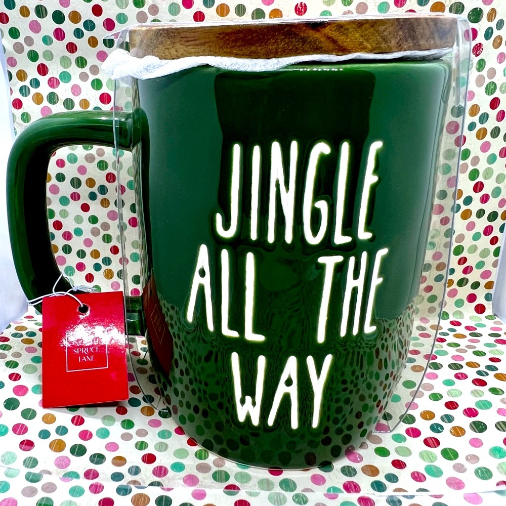 Christmas Jingle All the Way mug with Wood Lid Topper Santa on his Sled